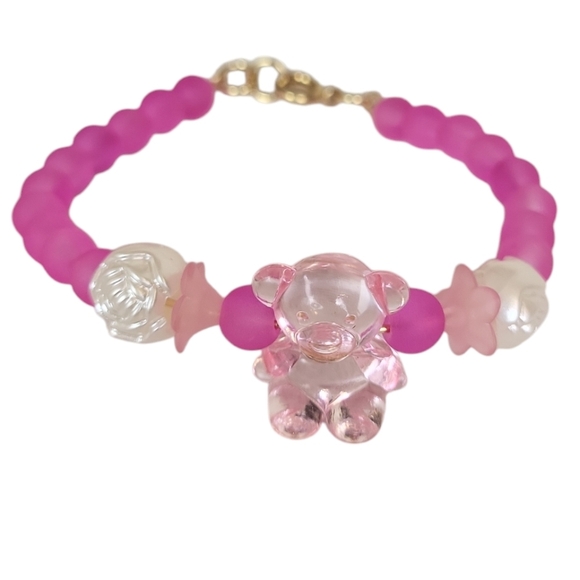 14K Gold Magenta Frosted Glass Tulip Acrylic Bear Bead Bracelet - Picture 1 of 5
